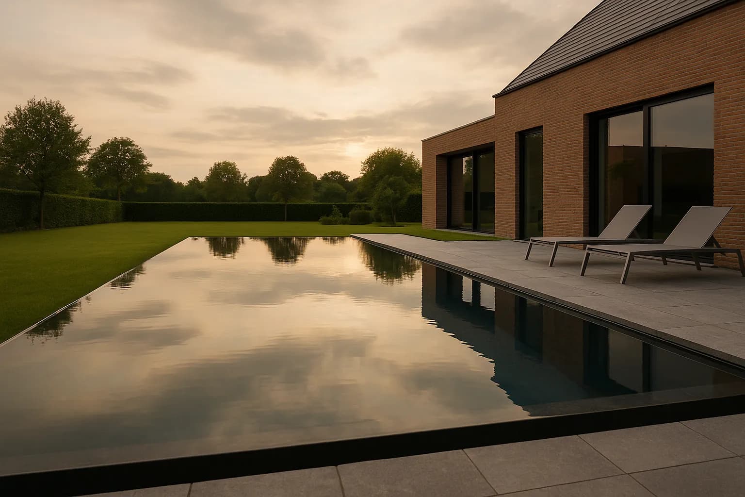 Piscine infinity dans un jardin privé belge le soir