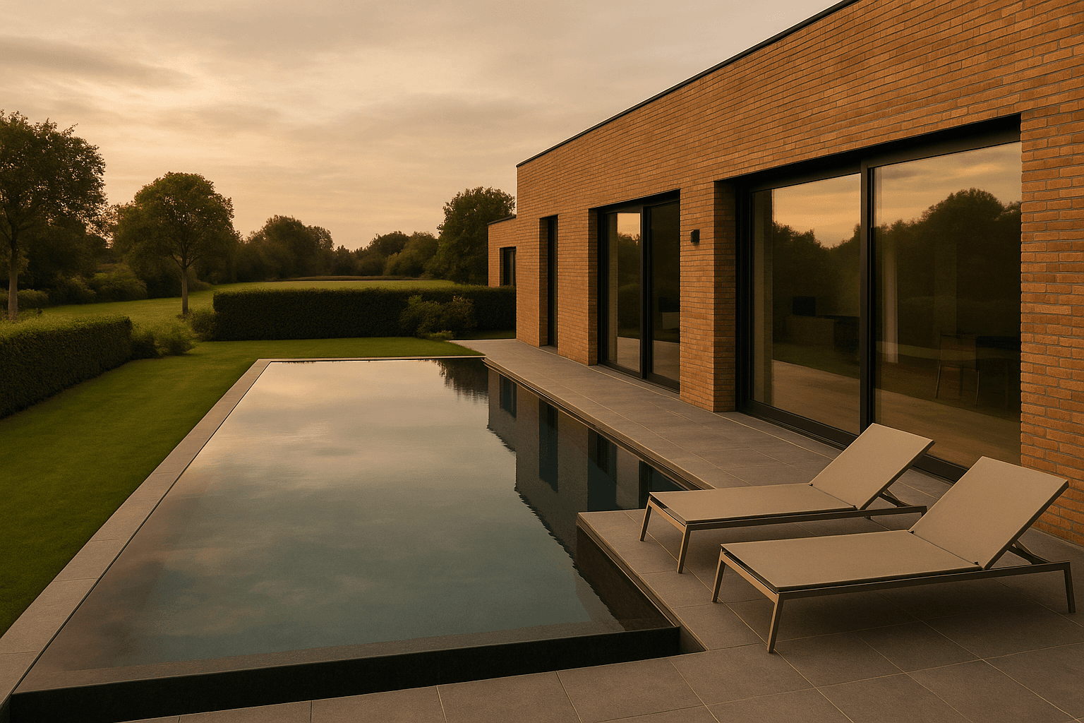 Infinity zwembad bij een Belgische villa met terras en ligbedden